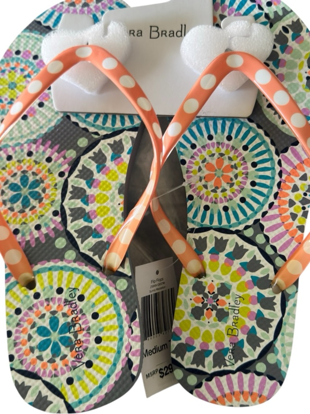 Vera Bradley Sunny Medallion Flip Flops Coral Polka Dot Straps Size M 7-8 NWT